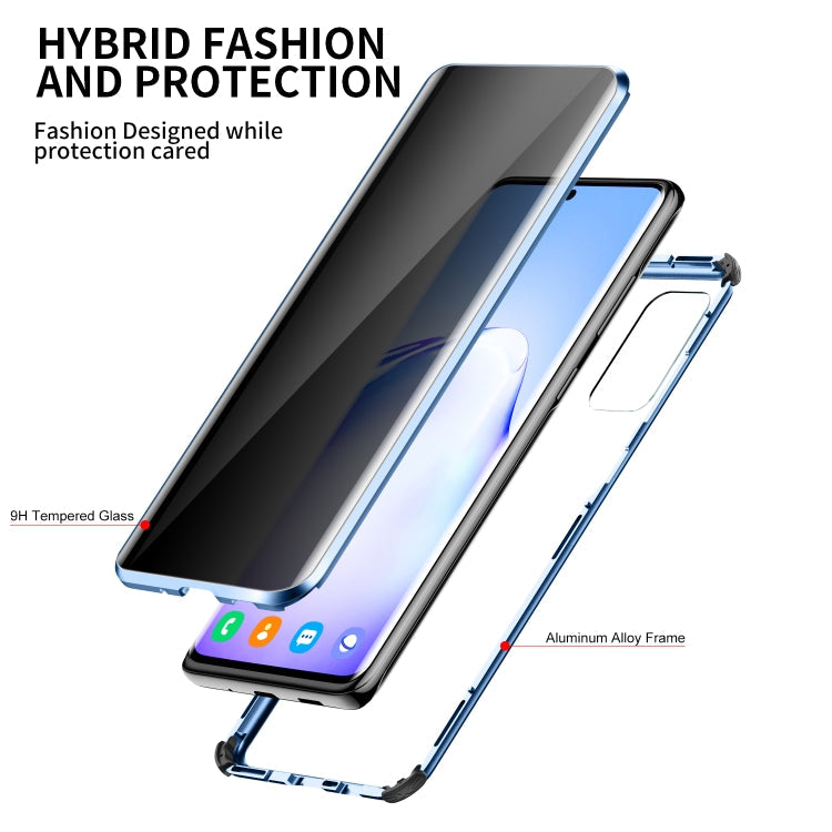For Samsung Galaxy S20 Ultra Four-corner Shockproof Anti-peeping Magnetic Metal Frame Double-sided Tempered Glass Case(Blue)