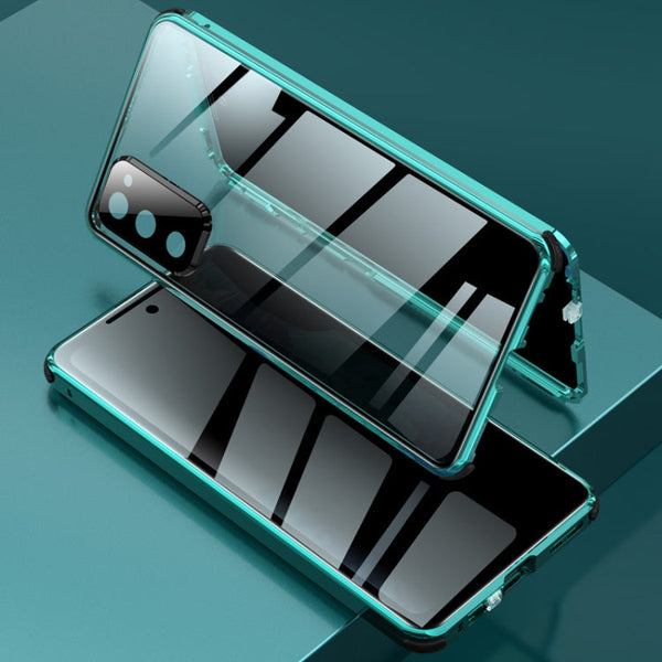 For Samsung Galaxy S20 FE 5G Four-corner Shockproof Anti-peeping Magnetic Metal Frame Double-sided Tempered Glass Case(Green)