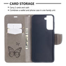 For Samsung Galaxy S21 5G Embossing Two Butterflies Pattern Horizontal Flip PU Leather Case with Holder & Card Slot & Wallet & Lanyard(Grey)