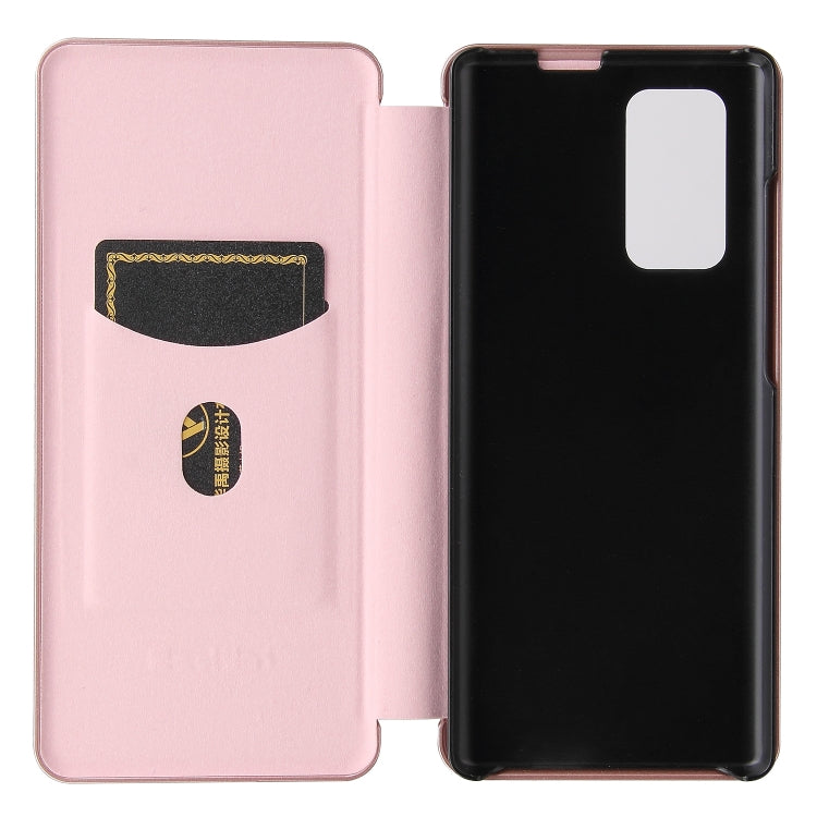 For LG Wing 5G Carbon Fiber Texture Magnetic Horizontal Flip TPU + PC + PU Leather Case with Card Slot(Pink)