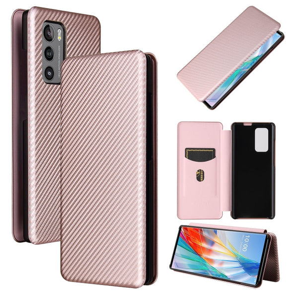 For LG Wing 5G Carbon Fiber Texture Magnetic Horizontal Flip TPU + PC + PU Leather Case with Card Slot(Pink)