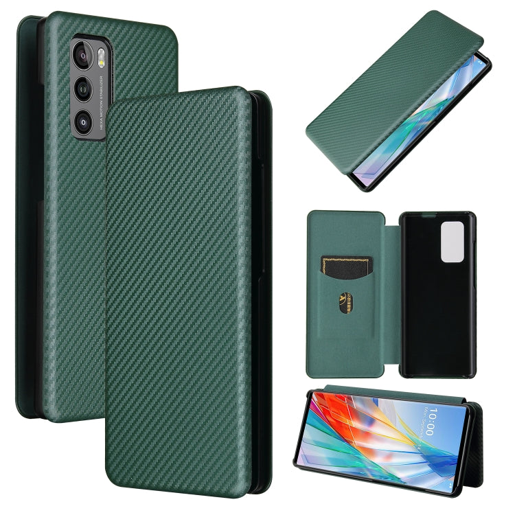 For LG Wing 5G Carbon Fiber Texture Magnetic Horizontal Flip TPU + PC + PU Leather Case with Card Slot(Green)