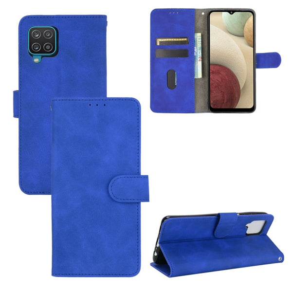 For Samsung Galaxy A12 / M12 / F12 Solid Color Skin Feel Magnetic Buckle Horizontal Flip Calf Texture PU Leather Case with Holder & Card Slots & Wallet(Blue)
