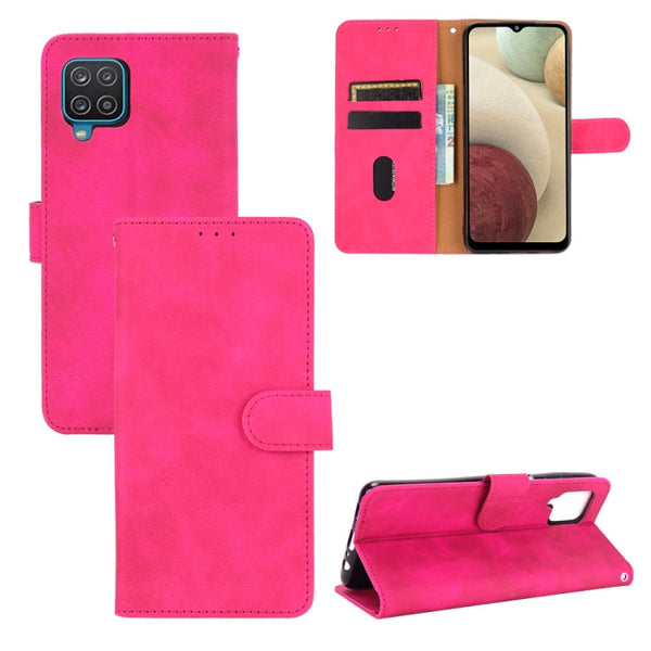 For Samsung Galaxy A12 / M12 / F12 Solid Color Skin Feel Magnetic Buckle Horizontal Flip Calf Texture PU Leather Case with Holder & Card Slots & Wallet(Rose Red)