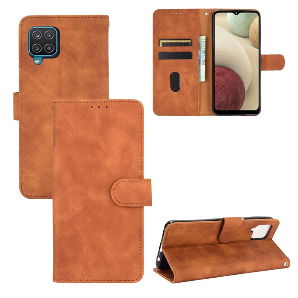 For Samsung Galaxy A12 / M12 / F12 Solid Color Skin Feel Magnetic Buckle Horizontal Flip Calf Texture PU Leather Case with Holder & Card Slots & Wallet(Brown)