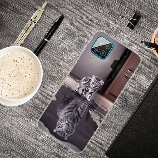 For Samsung Galaxy A12 Colored Drawing Clear TPU Protective Cases(Reflection Cat Tiger)