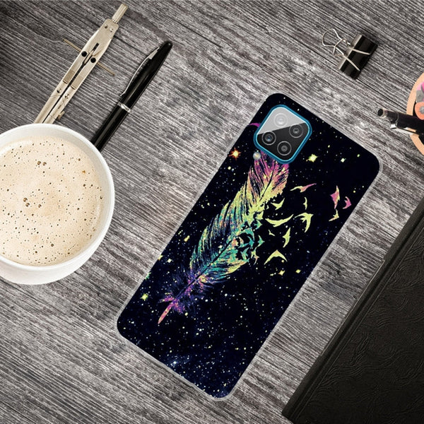 For Samsung Galaxy A12 Shockproof Painted Transparent TPU Protective Case(Colorful Feathers)