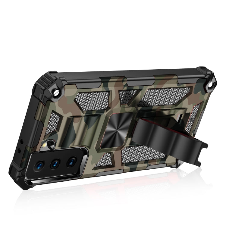 For Samsung Galaxy S21 Ultra 5G Camouflage Armor Shockproof TPU + PC Magnetic Protective Case with Holder(Army Green)