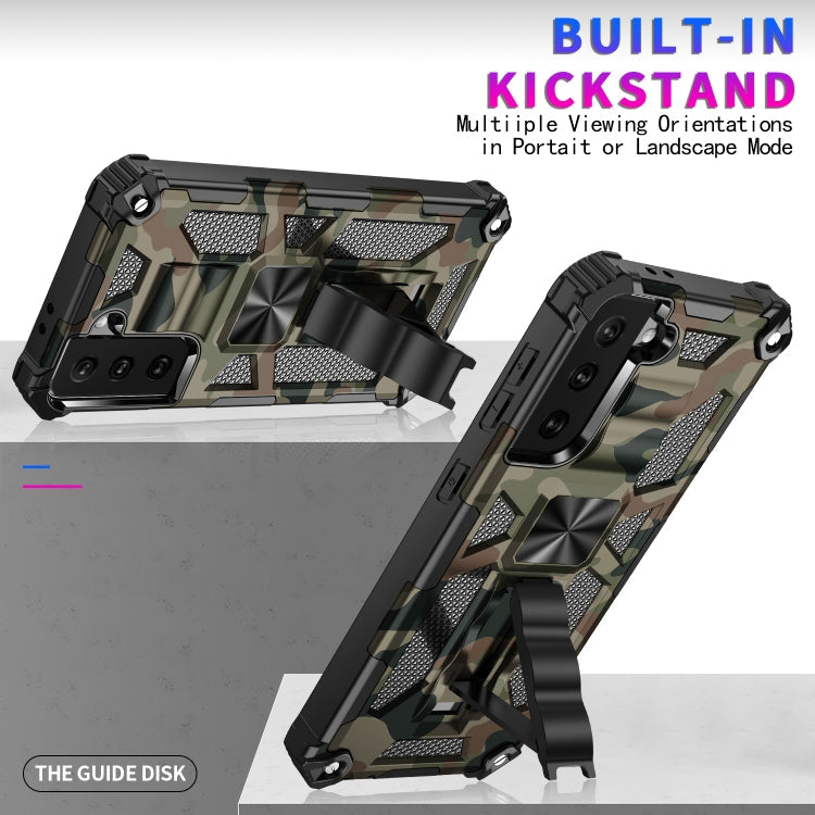 For Samsung Galaxy S21 Ultra 5G Camouflage Armor Shockproof TPU + PC Magnetic Protective Case with Holder(Army Green)