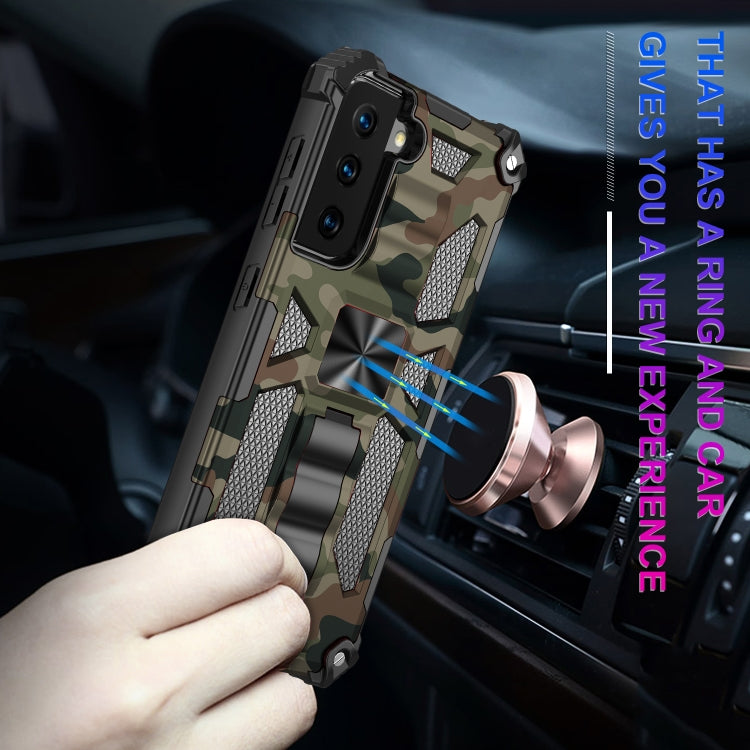 For Samsung Galaxy S21 Ultra 5G Camouflage Armor Shockproof TPU + PC Magnetic Protective Case with Holder(Army Green)