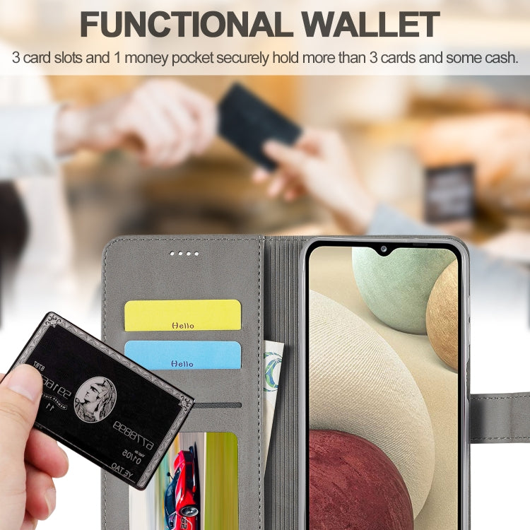 For Samsung Galaxy A12 LC.IMEEKE Calf Texture Horizontal Flip Leather Case, with Holder & Card Slots & Wallet & Photo Frame(Grey)