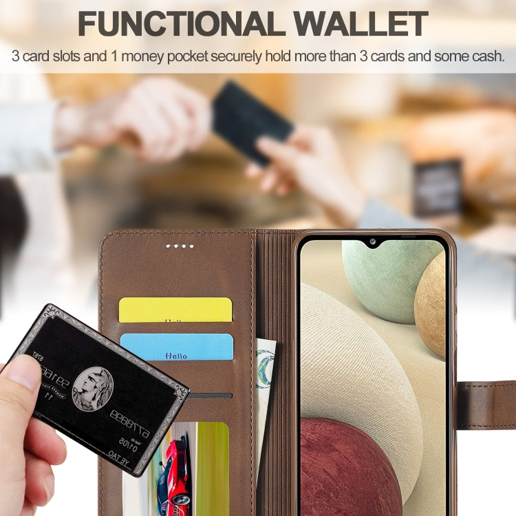 For Samsung Galaxy A12 LC.IMEEKE Calf Texture Horizontal Flip Leather Case, with Holder & Card Slots & Wallet & Photo Frame(Coffee)