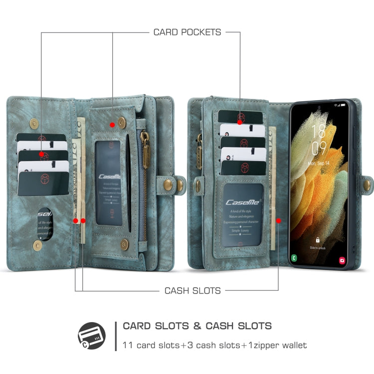 For Samsung Galaxy S21 5G CaseMe Detachable Multifunctional Horizontal Flip Leather Case, with Card Slot & Holder & Zipper Wallet & Photo Frame(Green)