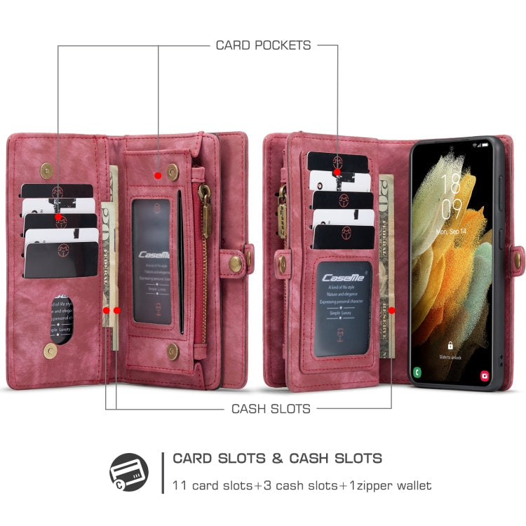For Samsung Galaxy S21+ 5G CaseMe Detachable Multifunctional Horizontal Flip Leather Case, with Card Slot & Holder & Zipper Wallet & Photo Frame(Red)