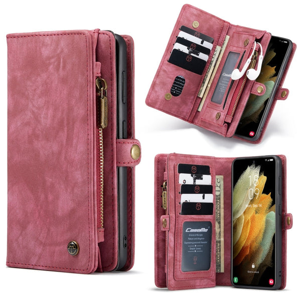 For Samsung Galaxy S21+ 5G CaseMe Detachable Multifunctional Horizontal Flip Leather Case, with Card Slot & Holder & Zipper Wallet & Photo Frame(Red)