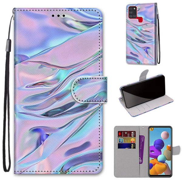 For Samsung Galaxy A21s Coloured Drawing Cross Texture Horizontal Flip PU Leather Case with Holder & Card Slots & Wallet & Lanyard(Fluorescent Water Pattern)