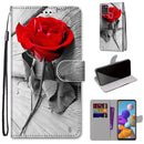 For Samsung Galaxy A21s Coloured Drawing Cross Texture Horizontal Flip PU Leather Case with Holder & Card Slots & Wallet & Lanyard(Red Rose On Wooden)