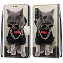 For Huawei P30 Lite Coloured Drawing Cross Texture Horizontal Flip PU Leather Case with Holder & Card Slots & Wallet & Lanyard(B09 Golden Chain Grey Cat)