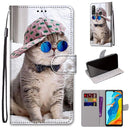 For Huawei P30 Lite Coloured Drawing Cross Texture Horizontal Flip PU Leather Case with Holder & Card Slots & Wallet & Lanyard(B20 Slant Hat Blue Mirror Cat)