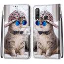 For Huawei P30 Lite Coloured Drawing Cross Texture Horizontal Flip PU Leather Case with Holder & Card Slots & Wallet & Lanyard(B20 Slant Hat Blue Mirror Cat)