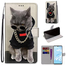For Huawei P30 Pro Coloured Drawing Cross Texture Horizontal Flip PU Leather Case with Holder & Card Slots & Wallet & Lanyard(B09 Golden Chain Grey Cat)