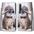 For Huawei Honor 20 Coloured Drawing Cross Texture Horizontal Flip PU Leather Case with Holder & Card Slots & Wallet & Lanyard(B20 Slant Hat Blue Mirror Cat)