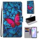 For Xiaomi Redmi 9A Coloured Drawing Cross Texture Horizontal Flip PU Leather Case with Holder & Card Slots & Wallet & Lanyard(Blue Red Butterfly)