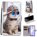 For Xiaomi Redmi 9A Coloured Drawing Cross Texture Horizontal Flip PU Leather Case with Holder & Card Slots & Wallet & Lanyard(Slant Hat Blue Mirror Cat)