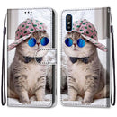 For Xiaomi Redmi 9A Coloured Drawing Cross Texture Horizontal Flip PU Leather Case with Holder & Card Slots & Wallet & Lanyard(Slant Hat Blue Mirror Cat)