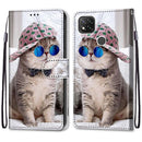 For Xiaomi Redmi 9C Coloured Drawing Cross Texture Horizontal Flip PU Leather Case with Holder & Card Slots & Wallet & Lanyard(Slant Hat Blue Mirror Cat)
