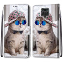 For Xiaomi Redmi Note 9S / 9 Pro Coloured Drawing Cross Texture Horizontal Flip PU Leather Case with Holder & Card Slots & Wallet & Lanyard(Slant Hat Blue Mirror Cat)