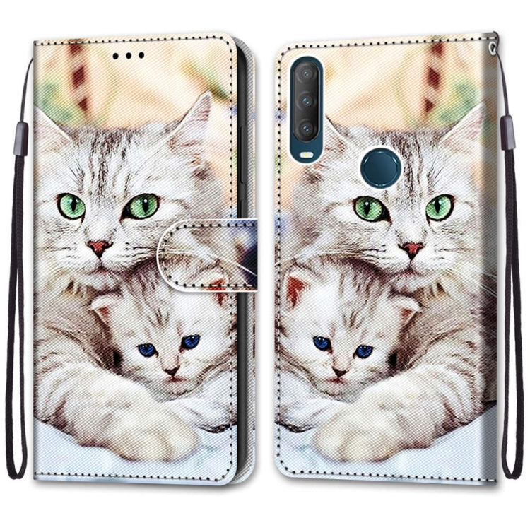 For Alcatel 1S (2020) / 3L (2020) Coloured Drawing Cross Texture Horizontal Flip PU Leather Case with Holder & Card Slots & Wallet & Lanyard(Big Cat Holding Kitten)