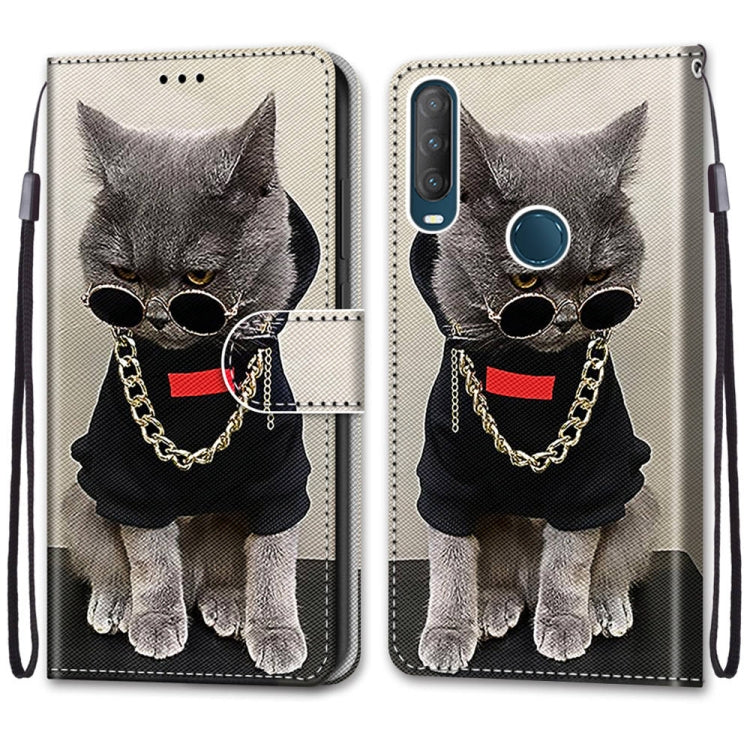 For Alcatel 1S (2020) / 3L (2020) Coloured Drawing Cross Texture Horizontal Flip PU Leather Case with Holder & Card Slots & Wallet & Lanyard(Golden Chain Grey Cat)