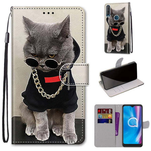 For Alcatel 1S (2020) / 3L (2020) Coloured Drawing Cross Texture Horizontal Flip PU Leather Case with Holder & Card Slots & Wallet & Lanyard(Golden Chain Grey Cat)