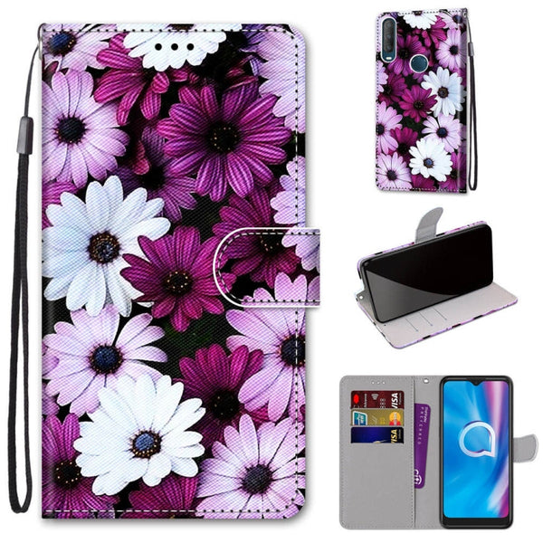 For Alcatel 1S (2020) / 3L (2020) Coloured Drawing Cross Texture Horizontal Flip PU Leather Case with Holder & Card Slots & Wallet & Lanyard(Chrysanthemum Pink White Purple)