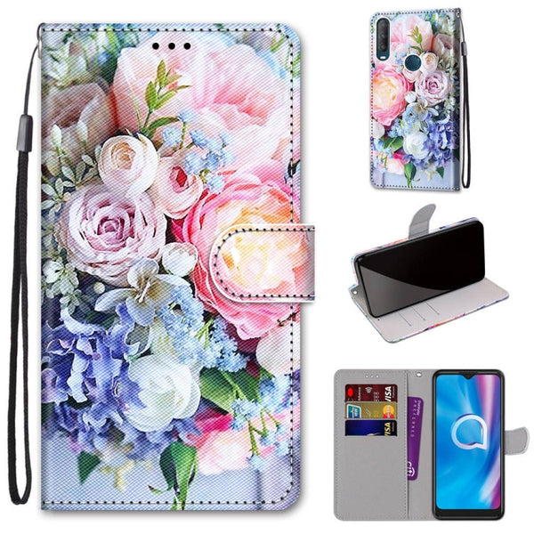 For Alcatel 1S (2020) / 3L (2020) Coloured Drawing Cross Texture Horizontal Flip PU Leather Case with Holder & Card Slots & Wallet & Lanyard(Light Pink Bouquet)