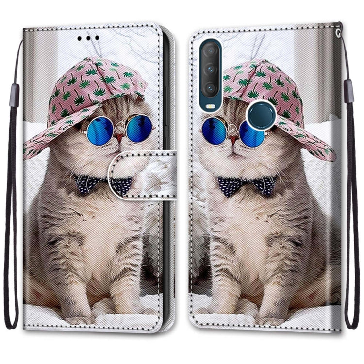 For Alcatel 1S (2020) / 3L (2020) Coloured Drawing Cross Texture Horizontal Flip PU Leather Case with Holder & Card Slots & Wallet & Lanyard(Slant Hat Blue Mirror Cat)