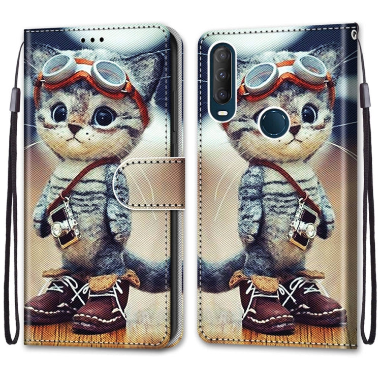 For Alcatel 1SE (2020) Coloured Drawing Cross Texture Horizontal Flip PU Leather Case with Holder & Card Slots & Wallet & Lanyard(Leather Shoes Cat)