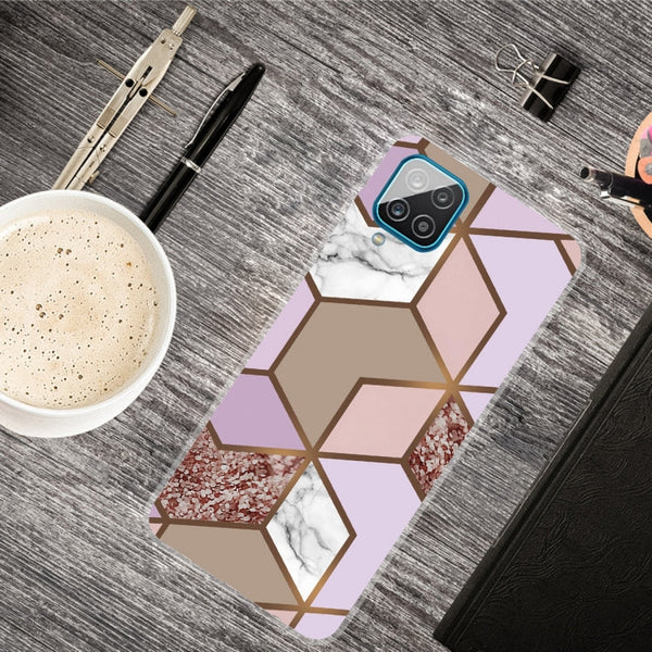 For Samsung Galaxy A12 Marble Shockproof TPU Protective Case(Rhombus Orange Purple)