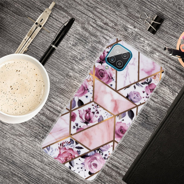 For Samsung Galaxy A12 Marble Shockproof TPU Protective Case(Rhombus Rose)