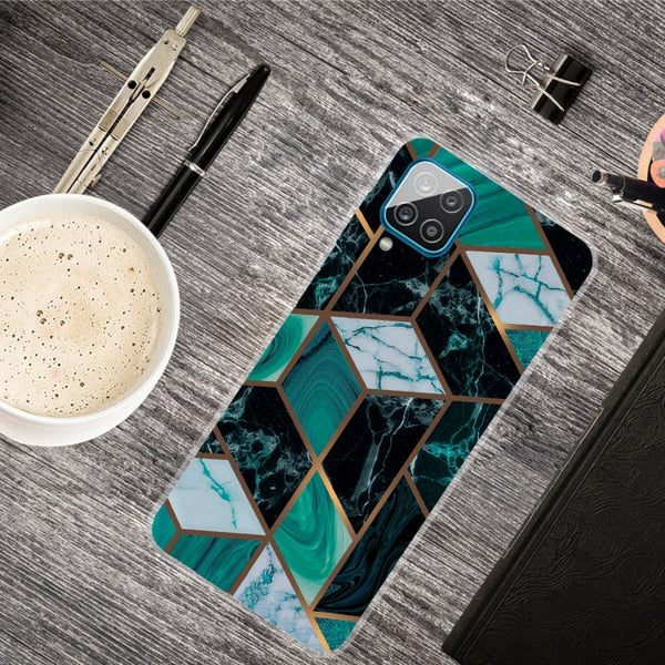 For Samsung Galaxy A12 Marble Shockproof TPU Protective Case(Rhombus Dark Green)