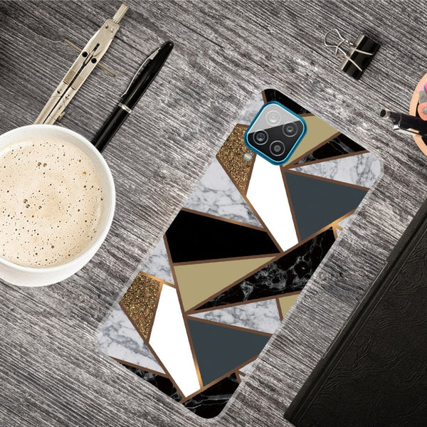 For Samsung Galaxy A12 Marble Shockproof TPU Protective Case(Rhombus Golden Yellow)