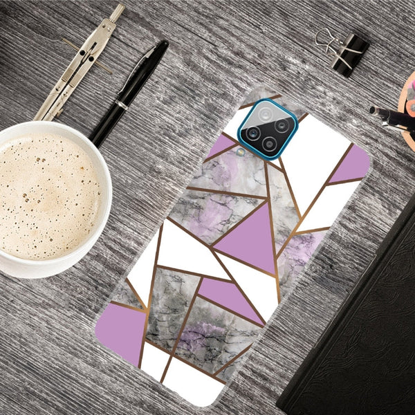 For Samsung Galaxy A12 Marble Shockproof TPU Protective Case(Rhombus Gray Purple)