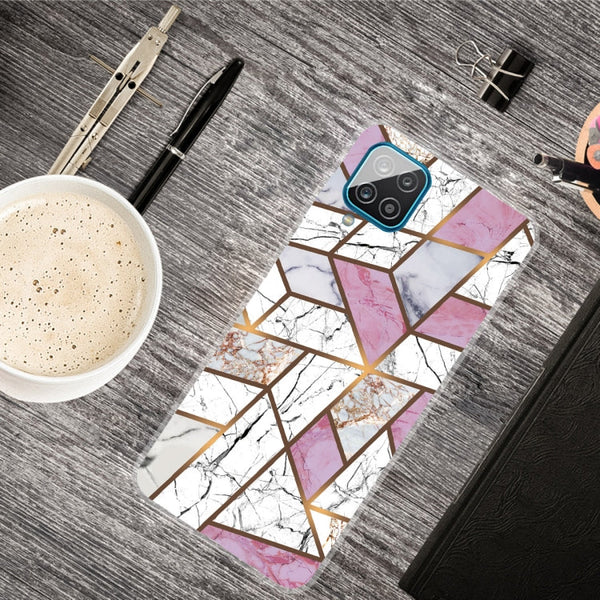 For Samsung Galaxy A12 Marble Shockproof TPU Protective Case(Rhombus White Purple)