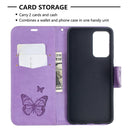 For Samsung Galaxy A52 5G / 4G Embossing Two Butterflies Pattern Horizontal Flip PU Leather Case with Holder & Card Slot & Wallet & Lanyard(Purple)