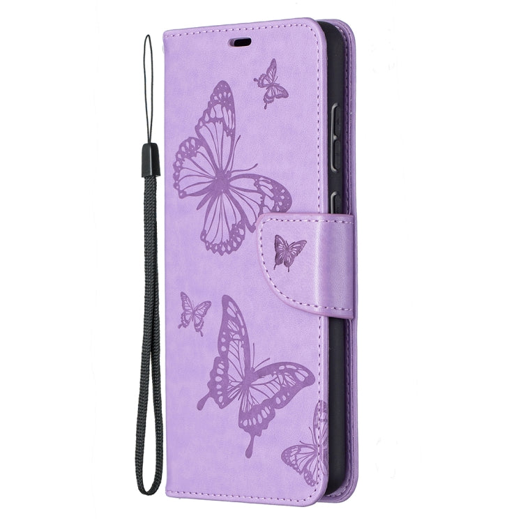 For Samsung Galaxy A72 5G / 4G Embossing Two Butterflies Pattern Horizontal Flip PU Leather Case with Holder & Card Slot & Wallet & Lanyard(Purple)