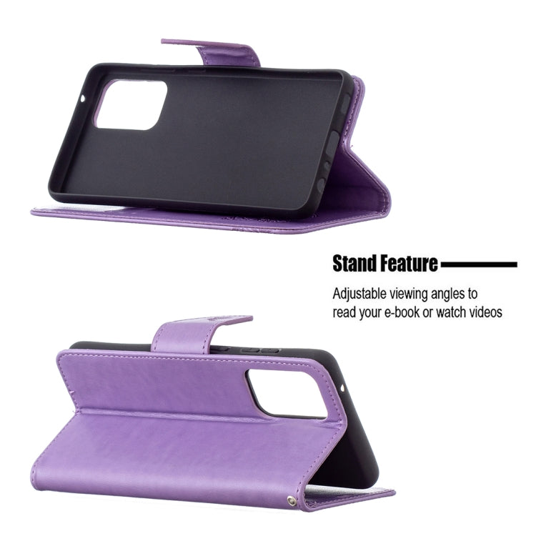 For Samsung Galaxy A72 5G / 4G Embossing Two Butterflies Pattern Horizontal Flip PU Leather Case with Holder & Card Slot & Wallet & Lanyard(Purple)
