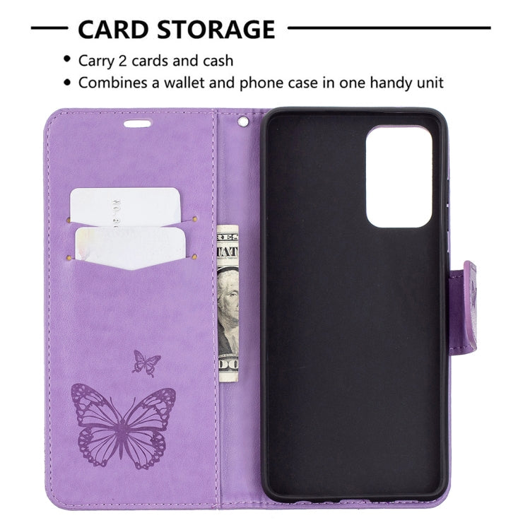 For Samsung Galaxy A72 5G / 4G Embossing Two Butterflies Pattern Horizontal Flip PU Leather Case with Holder & Card Slot & Wallet & Lanyard(Purple)
