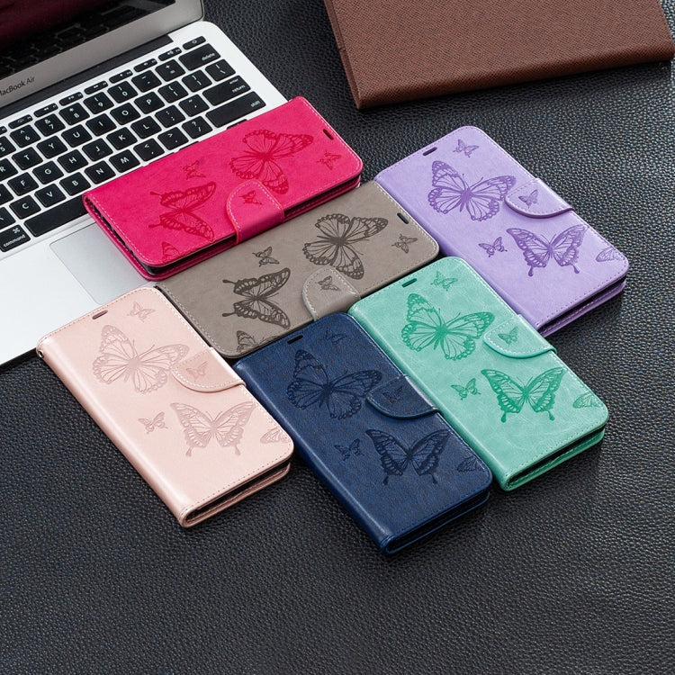 For Samsung Galaxy A72 5G / 4G Embossing Two Butterflies Pattern Horizontal Flip PU Leather Case with Holder & Card Slot & Wallet & Lanyard(Purple)
