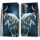 For Samsung Galaxy S21 5G Coloured Drawing Cross Texture Horizontal Flip PU Leather Case with Holder & Card Slots & Wallet & Lanyard(Pensive Wolf)